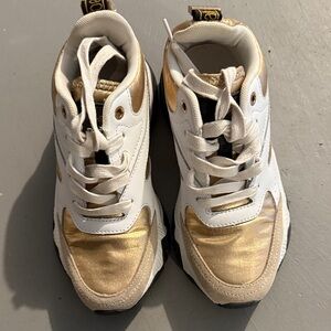 Roberto Cavalli White and Gold Lace-Up Sneakers